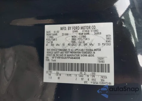 2007 Ford Ranger Sport/Stx/Xl/Xlt from USA, damaged, VIN 1FTYR10U07PA64008